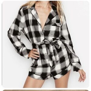 Victoria’s Secret Pajama Romper Black And White Plaid Flannel Romper